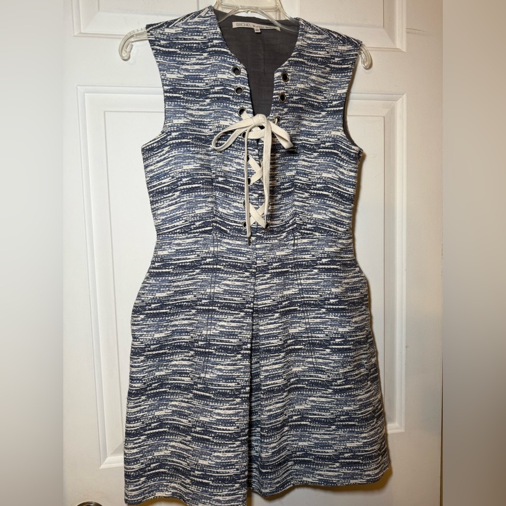 Rachel Roy Sz 4 Tweed Knit Lace Up Dress Blue White Fit To Flare V Neck Pleated